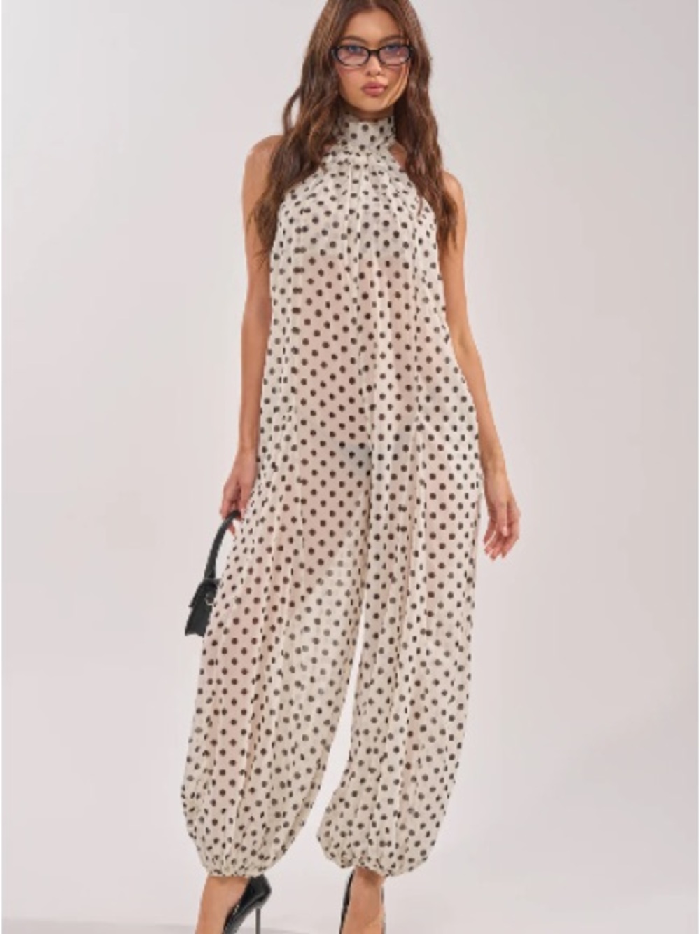AKIRA Cream High-Neck Polka Dot Balloon Pant Jumpsuit